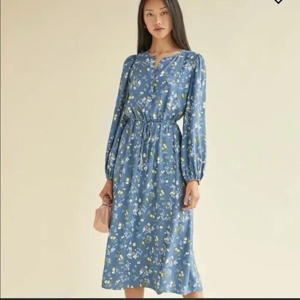 Reformation Lise Floral Midi Dress Avery Blue Long Sleeve Relaxed Fit Viscose 0